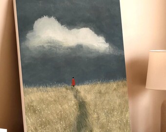 Red Coat In A Golden Field | Canvas Print | Minimalist landscape | Digital art print | Modern wall art