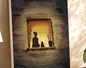 Cozy At Home | Girl And Cat Silhouette In a Lit Window | Canvas Print | Warm golden art print | Modern wall art