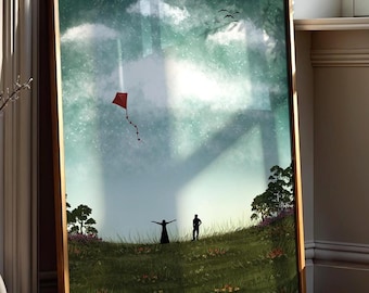 Let It Fly | Couple In A Wildflower Meadow | Poster Print | Red kite romantic art | Modern wall art