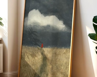 Red Coat In A Golden Field | Poster Print | Minimalist landscape | Digital art print | Modern wall art