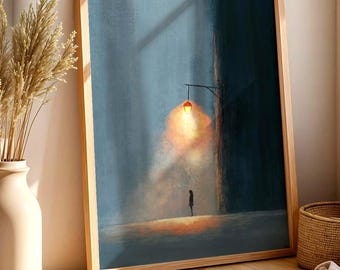 Under The Light | Lone Silhouette By A Street Lamp | Poster Print | Minimalist digital painting | Modern wall art