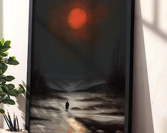 Under The Red Moon | Lone Figure In A Dark Landscape | Poster Print | Moody digital art | Modern wall art