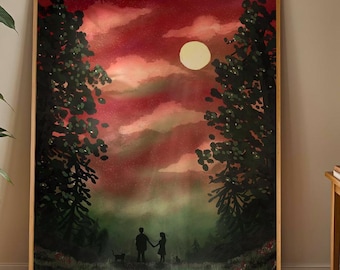 Moonlit Company | Night Forest Walk Poster | Forest Moonlight Art Print