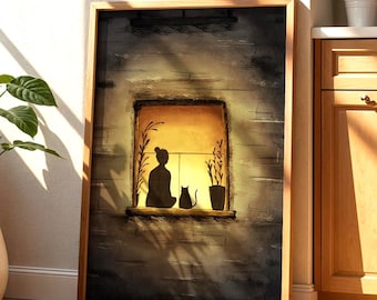 Cozy At Home | Girl And Cat Silhouette In a Lit Window | Poster Print | Warm digital painting | Modern wall art