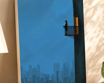 City dreamer | Silhouette On A Balcony At Night | Canvas Print | Night skyline digital painting | Modern wall art