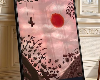 Swinging By The Sunset | Poster Print | Warm digital painting | Modern wall art