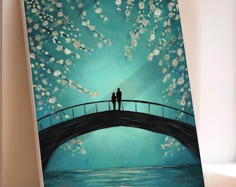 Bathing in Blue | Couple on Bridge | Canvas Print | Warm digital painting | Modern wall art