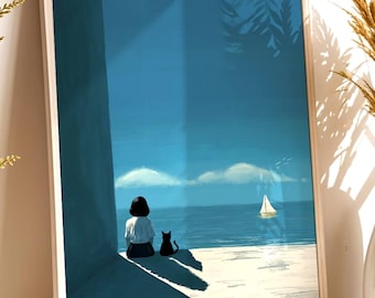 Sea Breeze | Girl And Black Cat On A Pier | Poster Print | Blue ocean sailboat minimalist art | Modern wall art