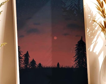 Red Dusk | Lone Silhouette In a Forest | Poster Print | Moody night sky digital art | Modern wall art
