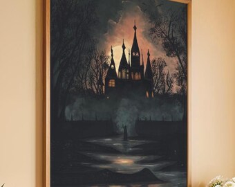 Haunted Castle In The Mist | Poster Print | Dark fantasy gothic art | Modern wall art