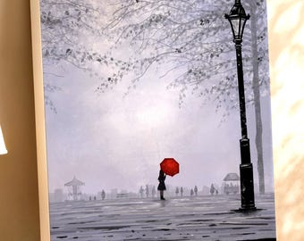 Red Umbrella | Solitary Figure In a Rainy Park | Canvas Print | Black and white digital art | Modern wall art