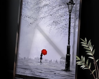 Red Umbrella | Solitary Figure In a Rainy Park | Poster Print | Black and white digital art | Modern wall art