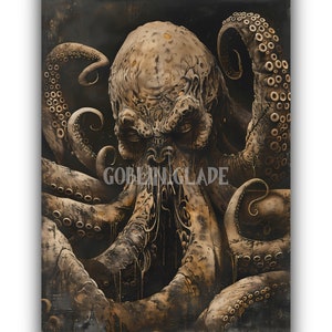 Cthulhu Wall Art Printable Lovecraft Inspired Eldritch Horror Artwork Mysterious Octopus Animal Fantasy Dark Academia Moody Oil Painting