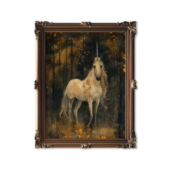 Unicorn Wall Art Printable Fantasy Enchanting Mythology Painting Artwork Vintage Beautiful Mythological Creature Enchanted Forest Woods Horn