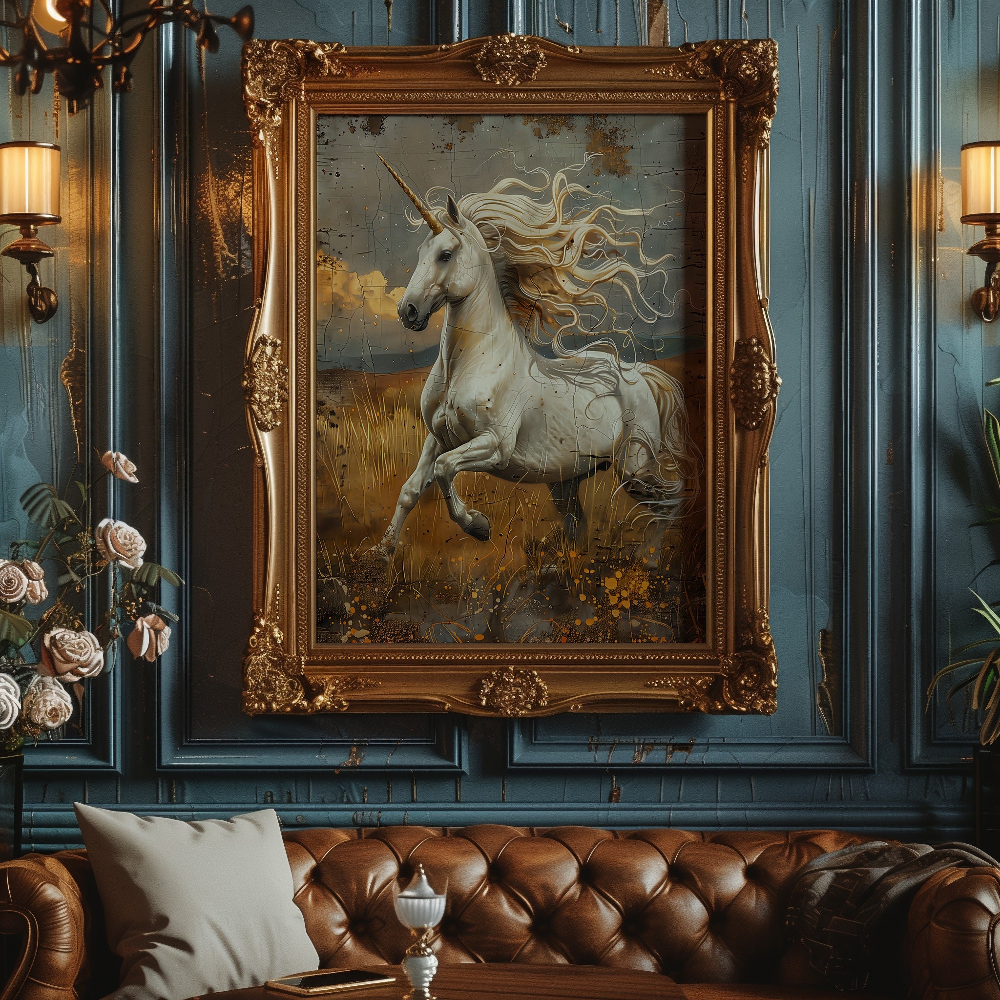 ユニコーンファンタジーウォールアート魅惑的な神話の絵画印刷可能な