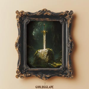 Lámina de Excalibur - Pintura del Rey Arturo - Arte fantástico medieval - Póster imprimible para decoración de habitaciones - Espada mágica en la piedra