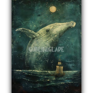 Großer Weißer Wal Gemälde - Moby Dick Wall Art Printable Herman Melville Sea Poster Fabelwesen Ozean Mythic Fairy Tale Art Print