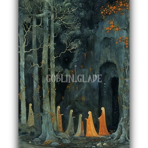 May include: Five figures in flowing robes stand in a dark forest, illuminated by glowing lights. The figures are silhouetted against a dark cave entrance, with trees and vines surrounding them. The scene is painted in a dark, ethereal style.