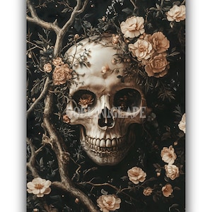 Floral Skull - Botanical Painting Print Dark Academia Printable Wall Art Creepy Horror Artwork Moody Poster Dark Cottagecore Art Skeleton