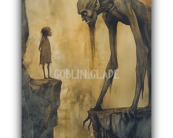 Girl And Demon Wall Art Printable Folklore Troll Painting Moody Creepy Otherworldly Dark Nature Fantasy Giant Monster Goblin Print Poster