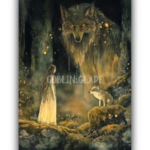 May include: A young woman in a white dress stands in a dark forest, facing a large wolf with glowing eyes. A smaller wolf sits on a rock to the right of the woman. The forest is filled with glowing orbs of light.