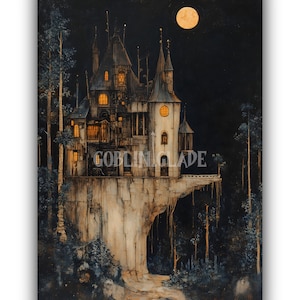 Könnte beinhalten: Eine dunkle, detaillierte Illustration eines gotischen Schlosses, das auf einer Klippe über einem Wald thront. Das Schloss hat ein spitzes Dach, hohe Türme und Fenster mit leuchtenden Lichtern. Ein Vollmond leuchtet hell am Nachthimmel.