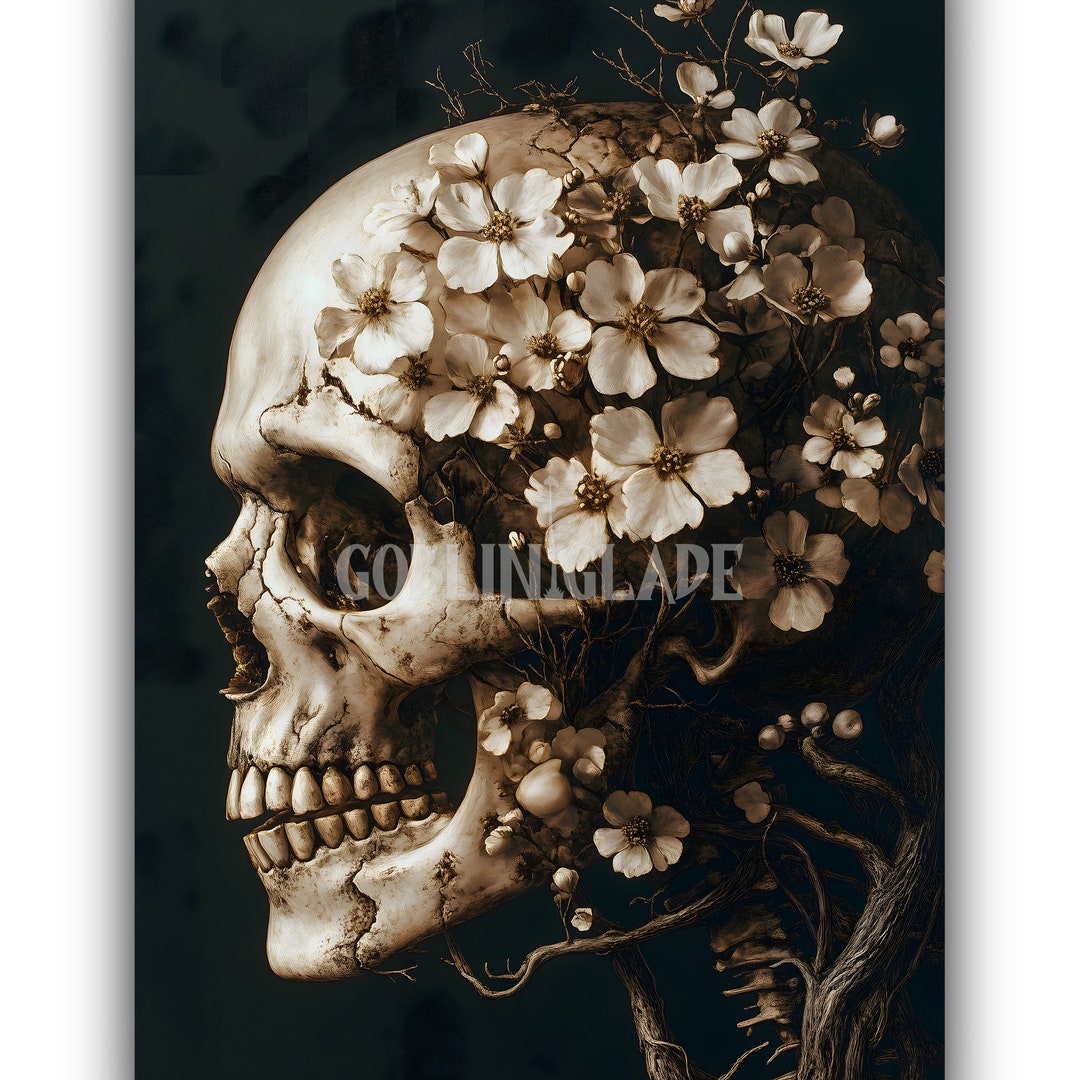 Floral Skull - Botanical Painting Print Dark Academia Printable