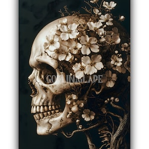 Floral Skull - Botanical Painting Print Dark Academia Printable Wall Art Creepy Horror Artwork Moody Poster Dark Cottagecore Art Skeleton