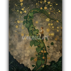 May include: A young person climbs a large, green beanstalk that reaches up into a cloudy sky. The beanstalk is covered in green leaves and vines. The sky is a muted gray with hints of gold.