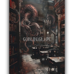 Library Tentacles Cthulhu Wall Art Printable Lovecraft Inspired Eldritch Horror Artwork Mysterious Dark Fantasy Dark Academia Moody Painting