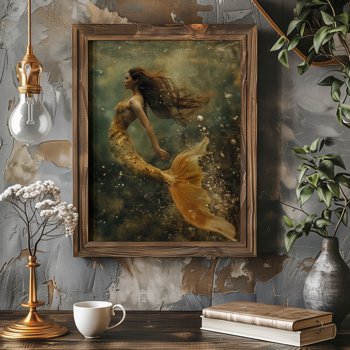 Beautiful Mermaid Printable Wall Art - Fantasy Ocean Painting - Vintage ...