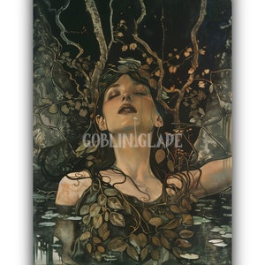 Nymph Painting Wall Art Printable Fairy Painting Print Folklore Art Enchanted Forest Lake Art Mythical Being Spirit Painting Botanical Print