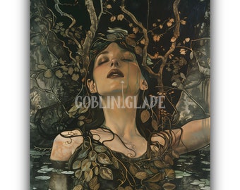 Nymph Painting Wall Art Printable Fairy Painting Print Folklore Art Enchanted Forest Lake Art Mythical Being Spirit Painting Botanical Print