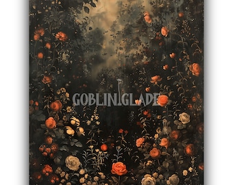 Arte de pared floral imprimible, arte gótico oscuro de la Academia, impresión de cottagecore oscuro, decoración gótica, obra de arte, pintura botánica vintage, impresión