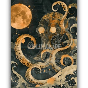Cthulhu Wall Art Printable Lovecraft Inspired Eldritch Horror Artwork Mysterious Octopus Animal Fantasy Dark Academia Moody Oil Painting