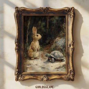 Peut inclure: Peinture à l'aquarelle encadrée représentant un lapin et une tortue sur un sentier forestier. Le lapin se tient debout, face à la tortue. Le cadre doré orné entoure l'œuvre. La peinture a une esthétique vintage.