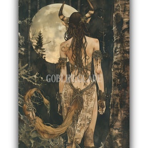 May include: A woman with horns and a long tail stands in a forest, facing away from the viewer. She is wearing a brown and gold outfit with intricate details. A large, full moon shines in the background.