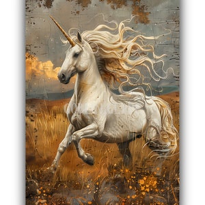 Enhörning Fantasi Väggkonst Förtrollande Mytologi Målning Utskrivbar Konstverk Vintage Olja Vacker Mytologisk Varelse Galopperande Höststäpper