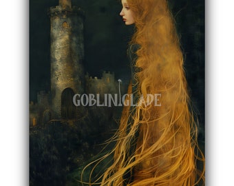 Rapunzel Painting - Printable Brothers Grimm Folklore Art Fairy Tale Poster Magical Fantasy Print Wall Art Decor Artwork Fairytale Print