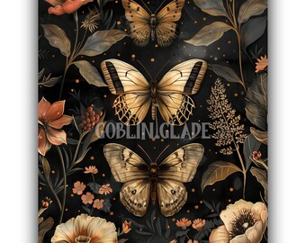 Arte de pared de polilla imprimible, estética gótica floral oscura de la Academia oscura, decoración gótica, obra de arte de habitación de bruja, pintura de flores vintage botánica