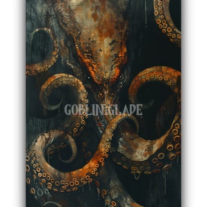 Cthulhu Wall Art Printable Lovecraft Inspired Eldritch Horror Artwork Mysterious Octopus Animal Fantasy Dark Academia Moody Oil Painting