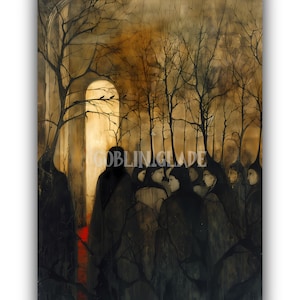 Puede incluir: Un grupo de figuras con capas oscuras se encuentran en un bosque sombrío. Las figuras se recortan contra una luz brillante y etérea que emana de una puerta en el fondo. La escena está pintada en tonos apagados de marrón, gris y blanco.