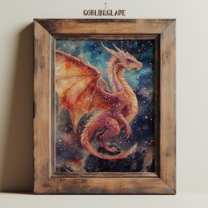 Może przedstawiać: Ilustracja w ramie przedstawiająca czerwonego i złotego smoka z rozpostartymi skrzydłami na tle nocnego, gwieździstego nieba.