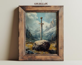Lámina de Excalibur - Pintura del Rey Arturo - Arte fantástico medieval - Póster imprimible para decoración de habitaciones - Espada mágica en la piedra