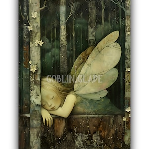 Impression d&#39;art fée mignonne forêt enchantée imprimable peinture art de conte de fées oeuvre d&#39;art fantastique art mural magique mythique folklore décoration lunatique