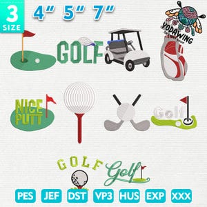 Zestaw 10 wzorów do haftu Mini Golf, zielona kurtka, piłka golfowa i koszulki, piłka golfowa z kokardą, wózek golfowy, torba golfowa, wieniec golfowy, Masters, dołek