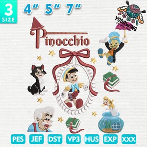 Diseño de bordado de niño títere, diseño de bordado de Magic Kingdom, diseño de bordado de dibujos animados de películas retro, descarga instantánea