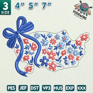 Diseño de bordado de flor de coqueta americana, diseño de bordado del 4 de julio, diseño de bordado de mapa chinoiserie de EE. UU., descarga instantánea
