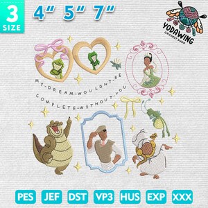 Princess Cartoon Coquette Bow Embroidery Design, Frog Princess Cartoon Embroidery Design, Magic Kingdom Embroidery Design, Instant Download
