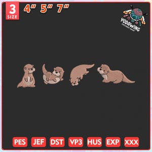 Cute Otters Embroidery Design, Funny Otters Embroidery File, Animal Embroidery Machine File, Instant Download